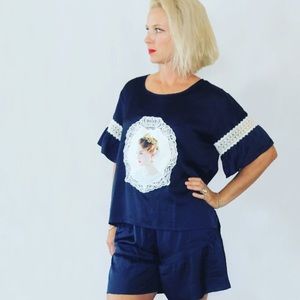 pajama short set ladies navy blue cameo pj xs/small